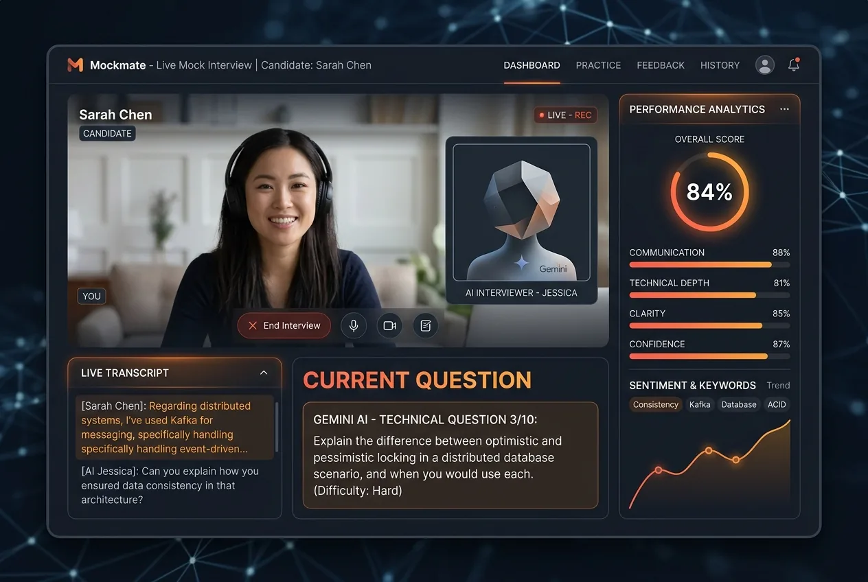 Mockmate AI mock interview platform showing real-time speech transcription, question generation interface, and performance analytics dashboard