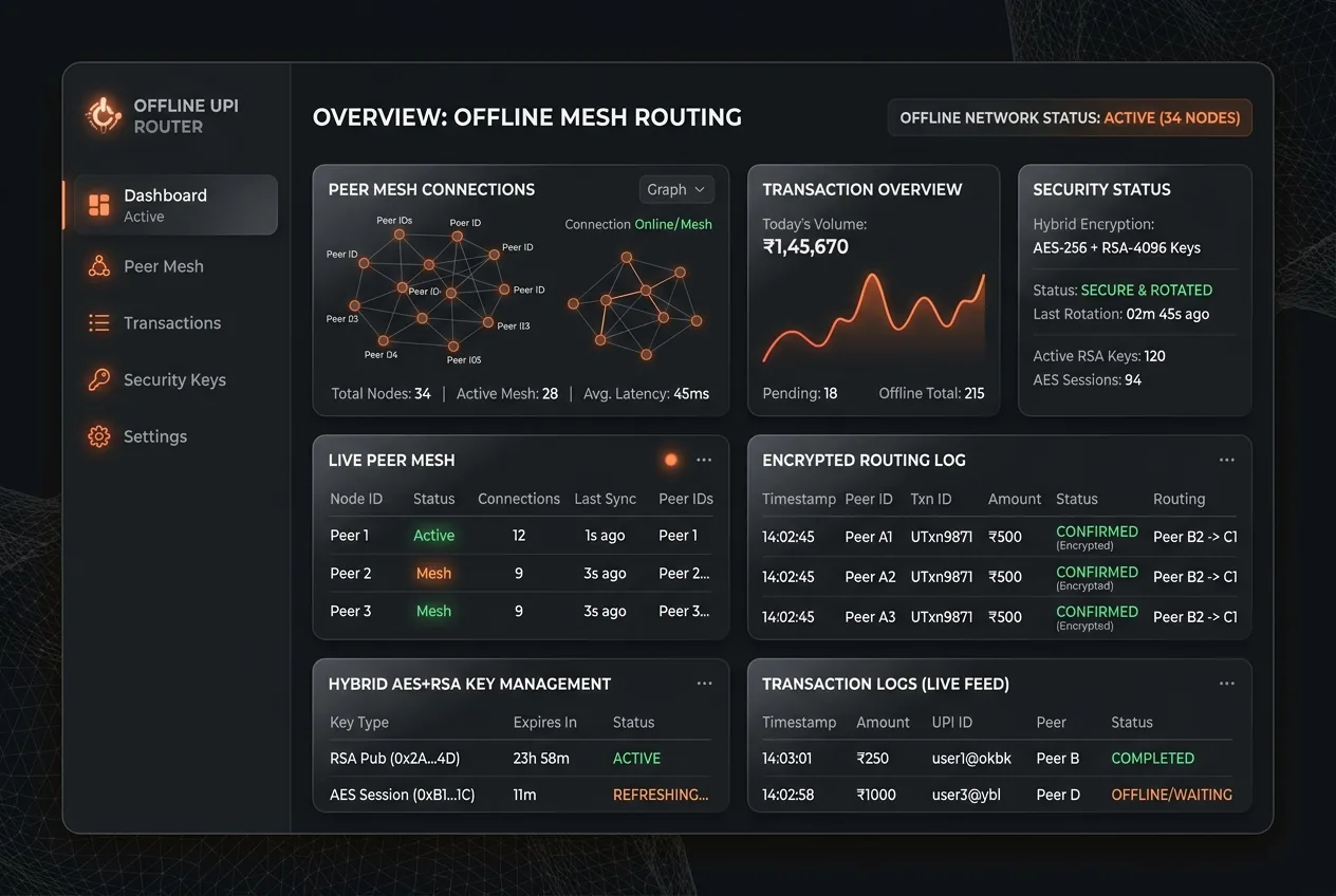 UPI Offline Mesh topology visualization dashboard showing encrypted peer-to-peer transaction routing and mesh node status